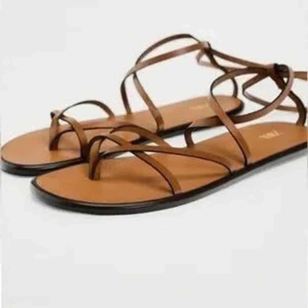 NWT Zara Flat cow Leather Strappy Gladiator Sandals Tan Brown Wrap Ankle Tie 40